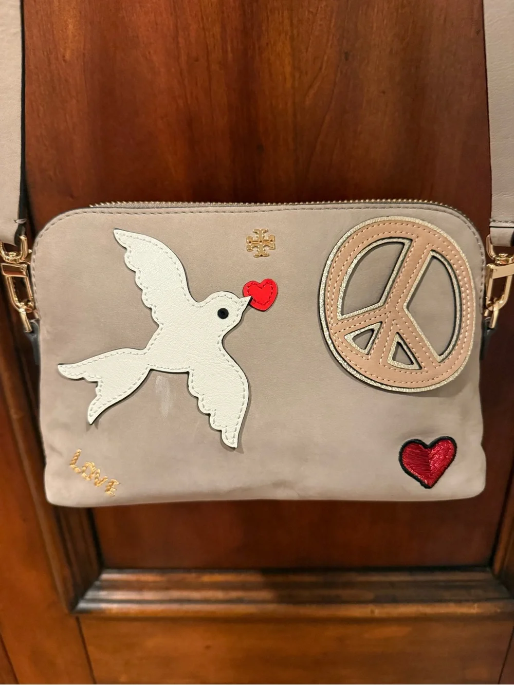 Tory Burch Beige Patchwork Dove & Peace Crossbody NWOT